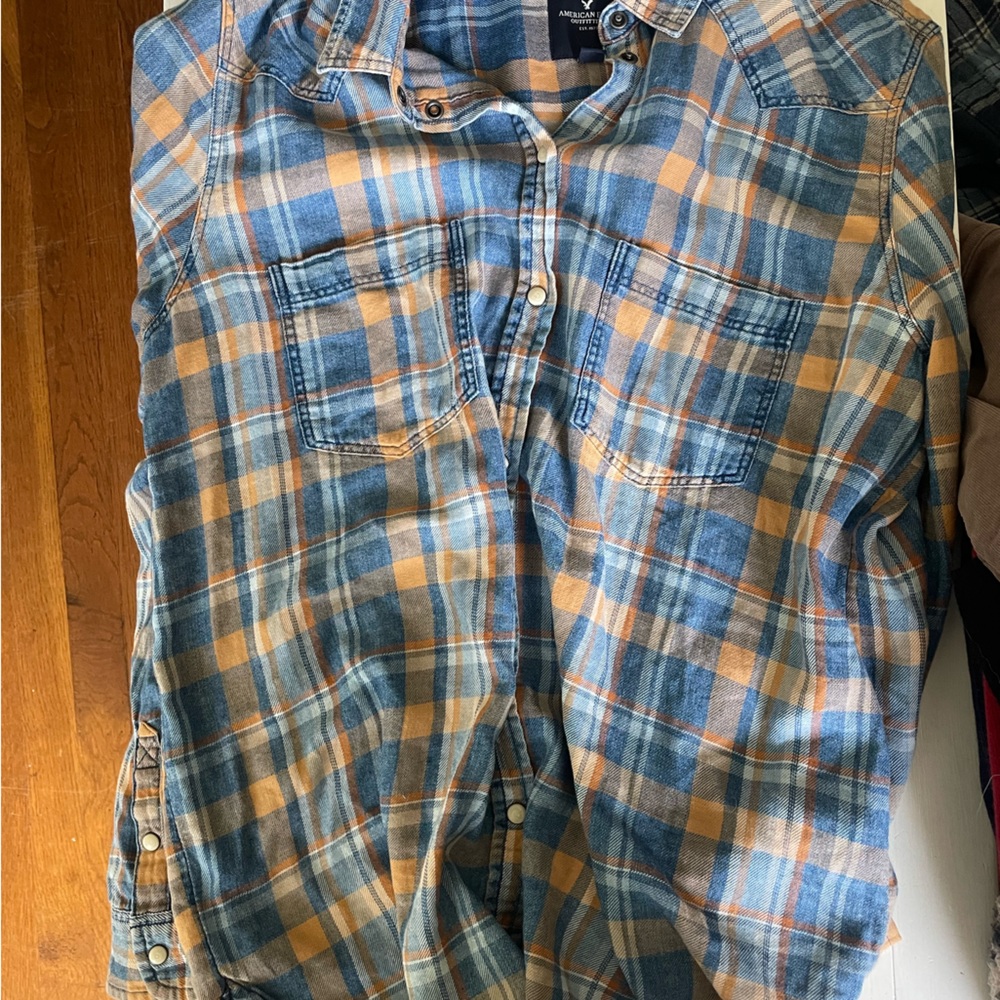 American Eagle Blue & Orange button up flannel